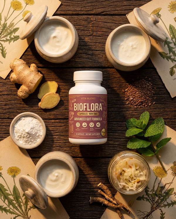 BioFlora bottle with yogurt, kefir, ginger, chicory, fermented foods