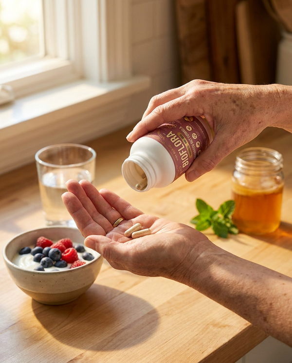 BioFlora lifestyle hands pouring capsules morning routine