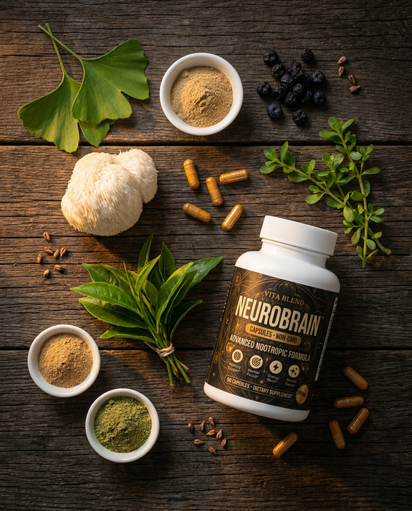 NeuroBrain bottle with nootropic ingredients flatlay