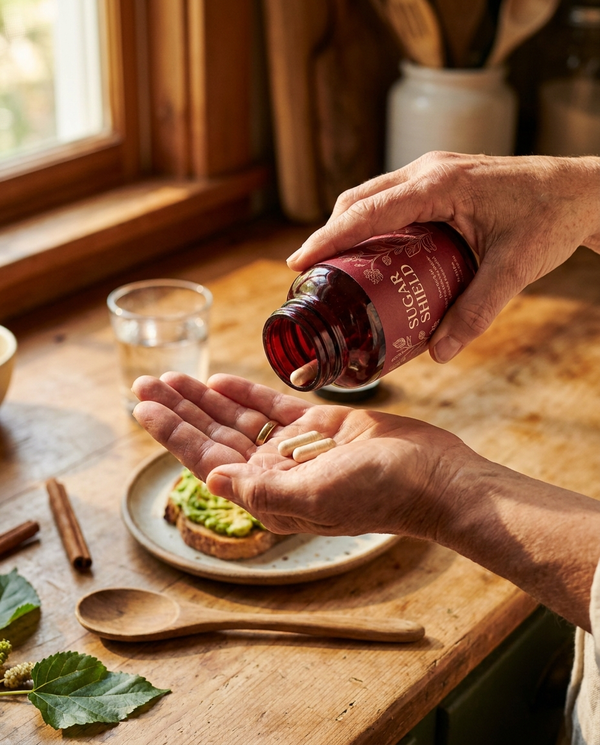 Sugar Shield daily routine hands pouring capsules