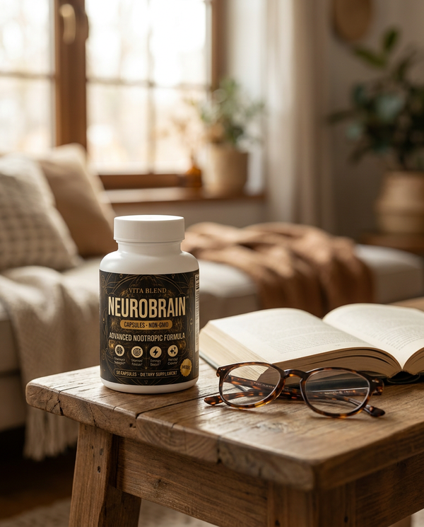 NeuroBrain bottle on a wooden table with book and reading glasses