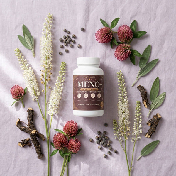MENO+ bottle with black cohosh, red clover and sage
